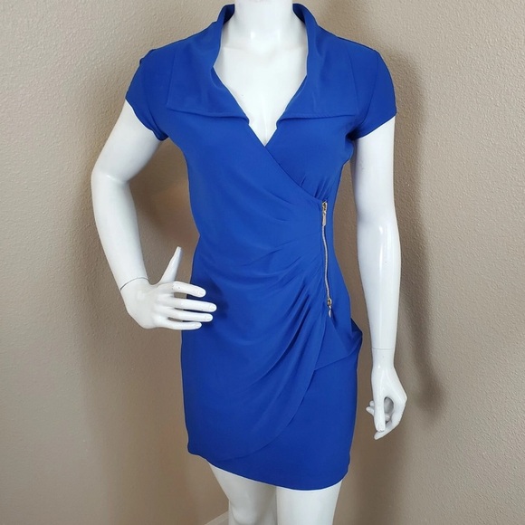 Joseph Ribkoff Royal Blue Faux Wrap Zipper Detail Elegant Blue Wrap Dress Sz 4 - Picture 1 of 10